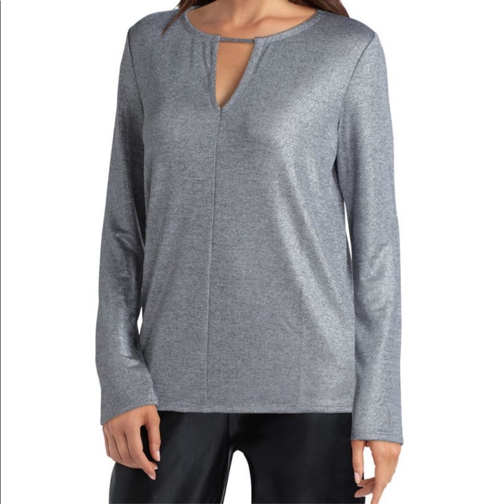 H Halston Metallic Long Sleeve Keyhole Top